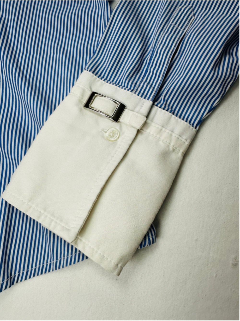 Express Design Studio Blue White Pinstripe Contrast Cuff Button Career Blouse - Picture 9 of 13